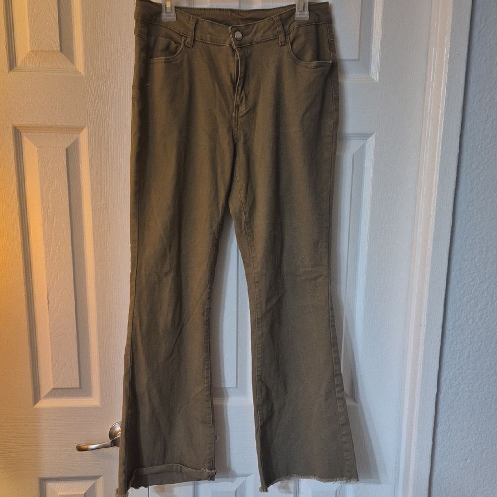 Raw Hem Olive Green Bootcut Flare Pants Distressed Khaki Jeans Size 10